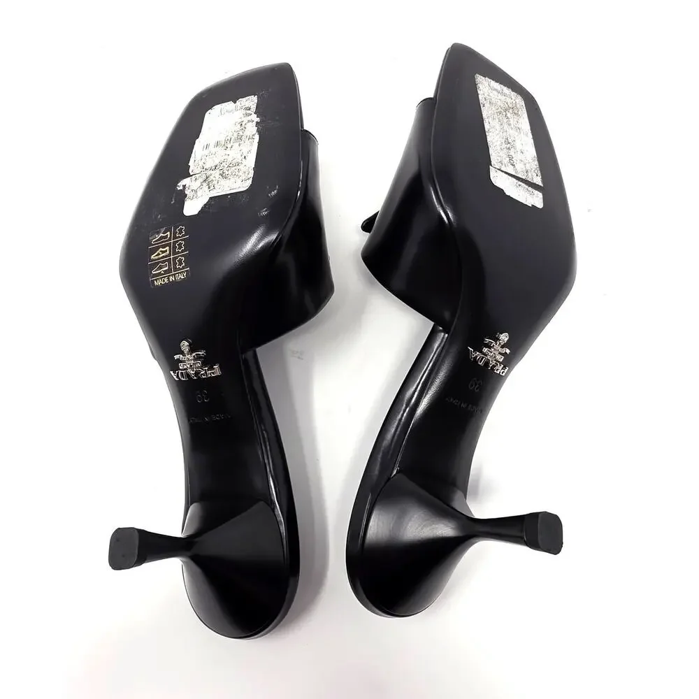 Prada Black Leather Triangle Logo Mule Slide Sandals Square Open Toe Heels 39 9